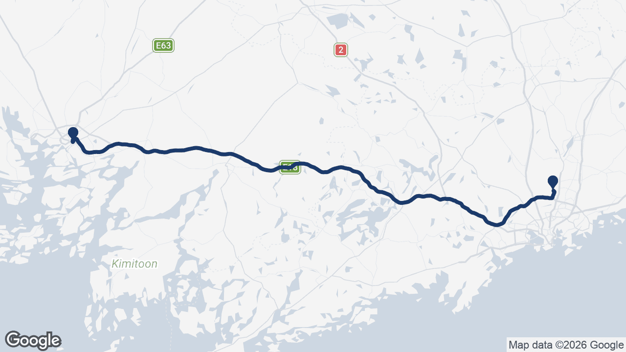Route map: Helsinki Airport to Turku