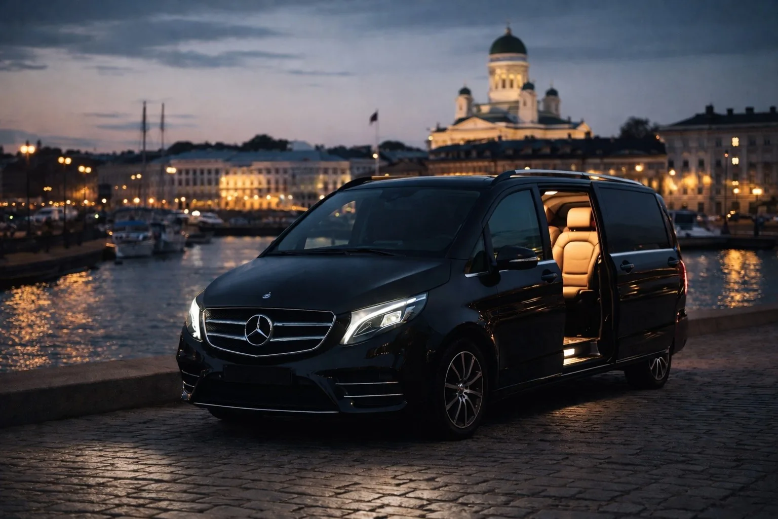 Private transfer car waiting outside Helsinki Airport arrivals in the evening