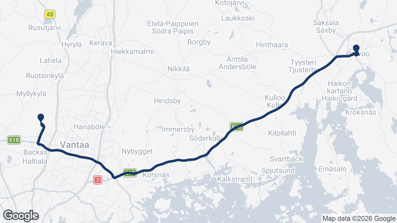 Route map: Helsinki Airport to Porvoo