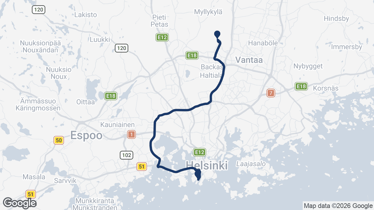 Route map: Helsinki Airport to West Terminal