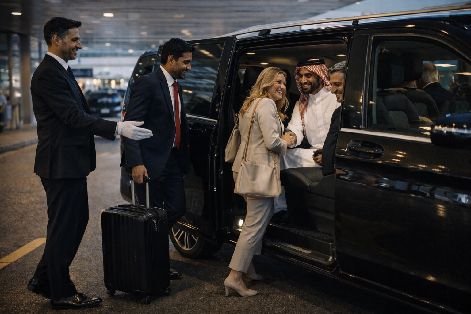Driver helping passengers board a Mercedes minivan