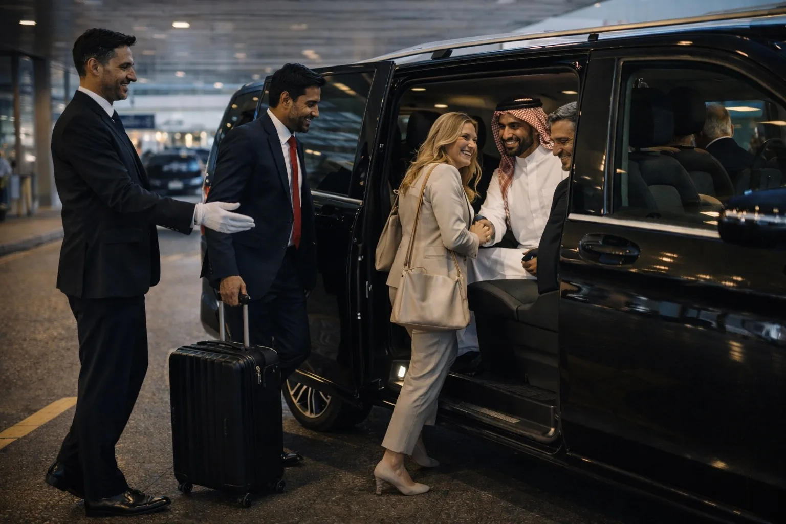 Driver helping passengers board a Mercedes minivan