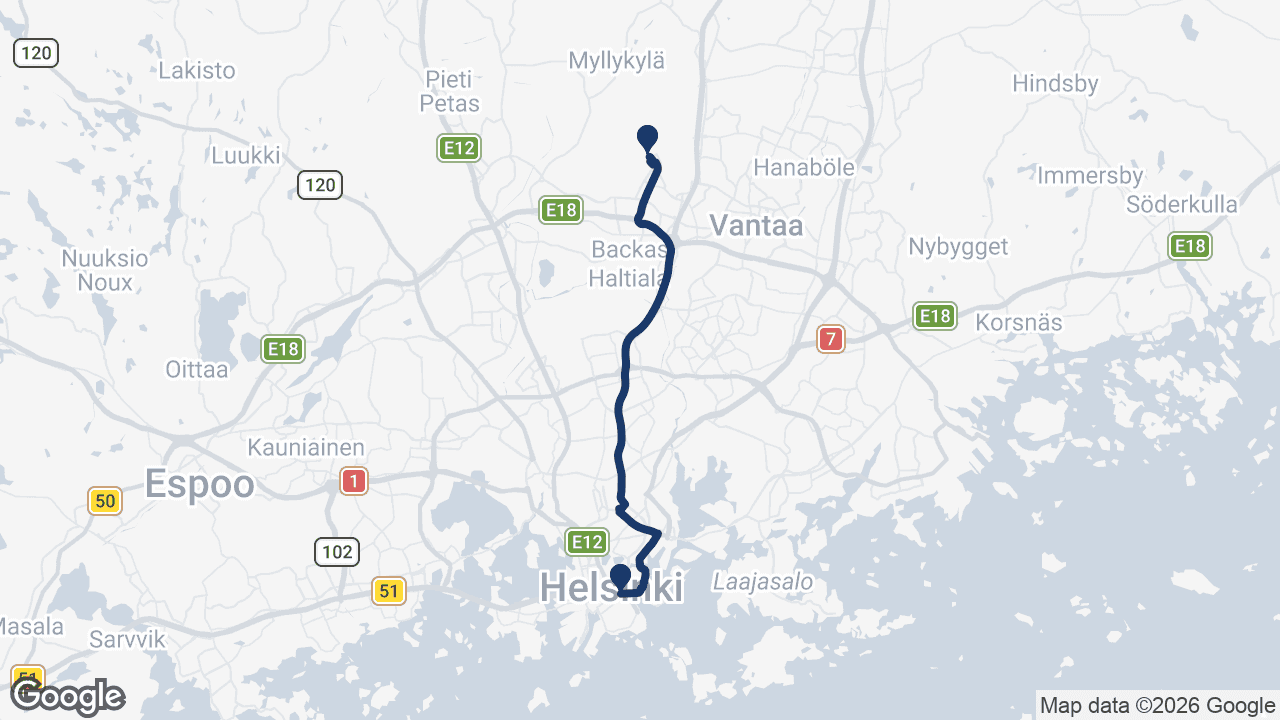 Route map: Helsinki Airport to Hotel Kämp