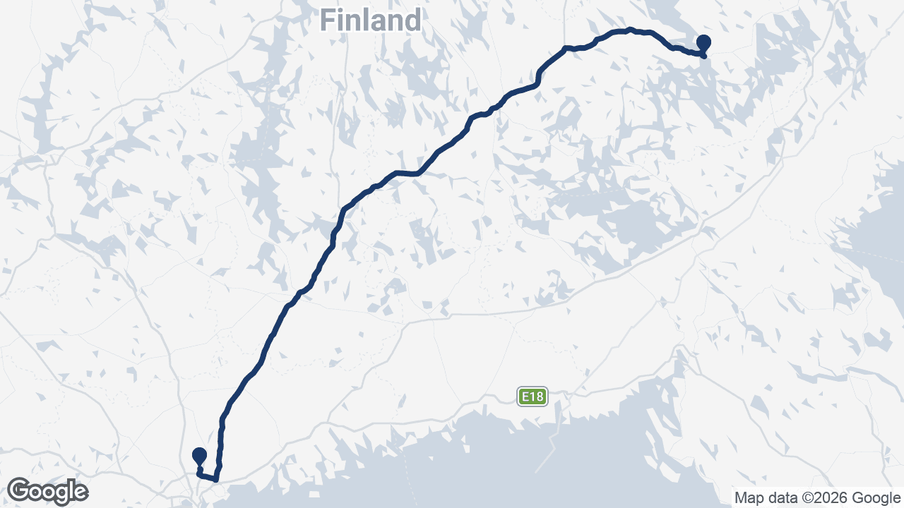 Route map: Helsinki Airport to Savonlinna