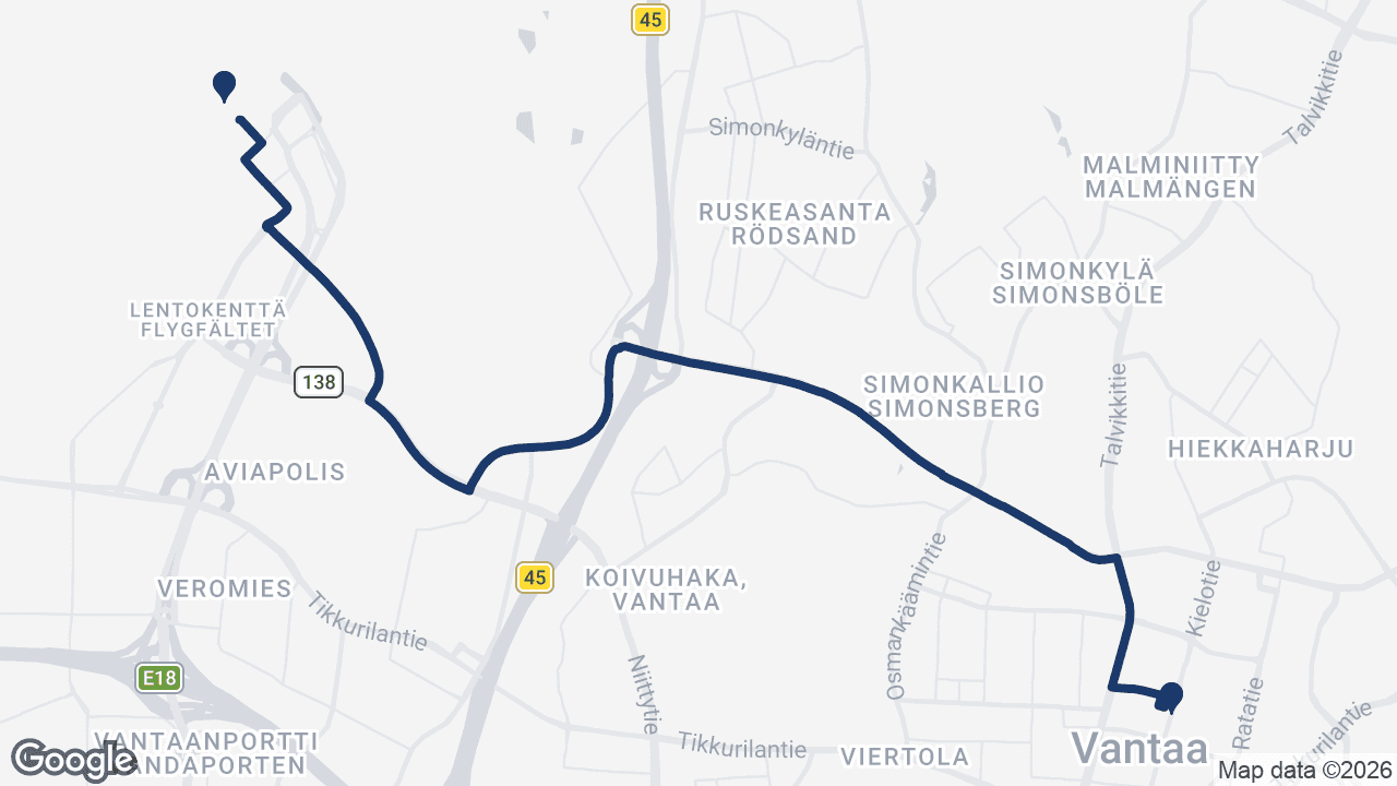 Route map: Helsinki Airport to Vantaa