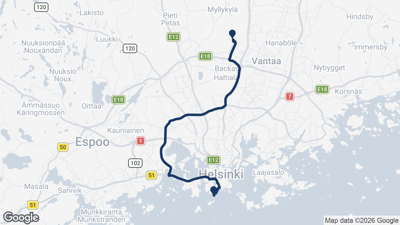 Route map: Helsinki Airport to Hernesaari Cruise Port