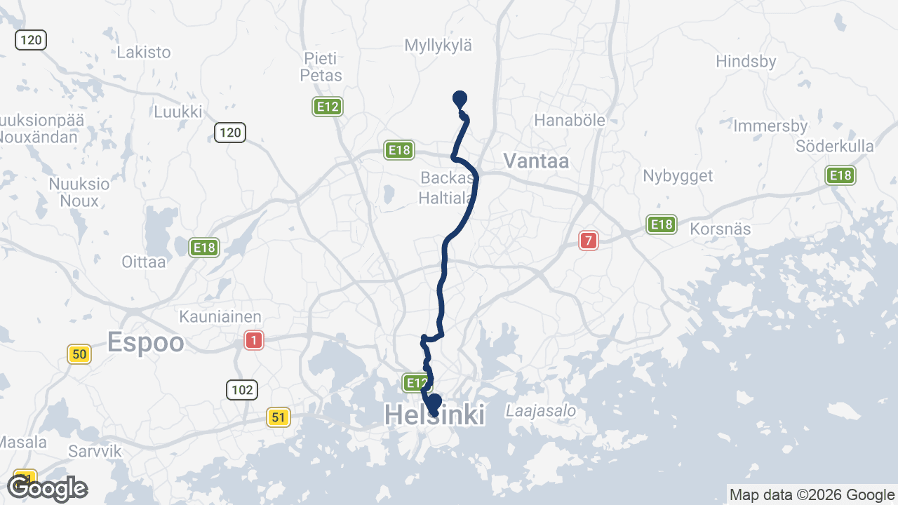 Route map: Helsinki Airport to City Centre