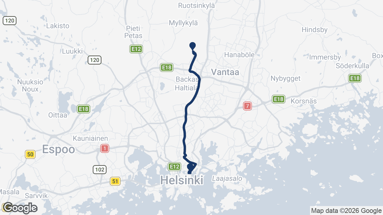Route map: Helsinki Airport to Hilton Helsinki Strand