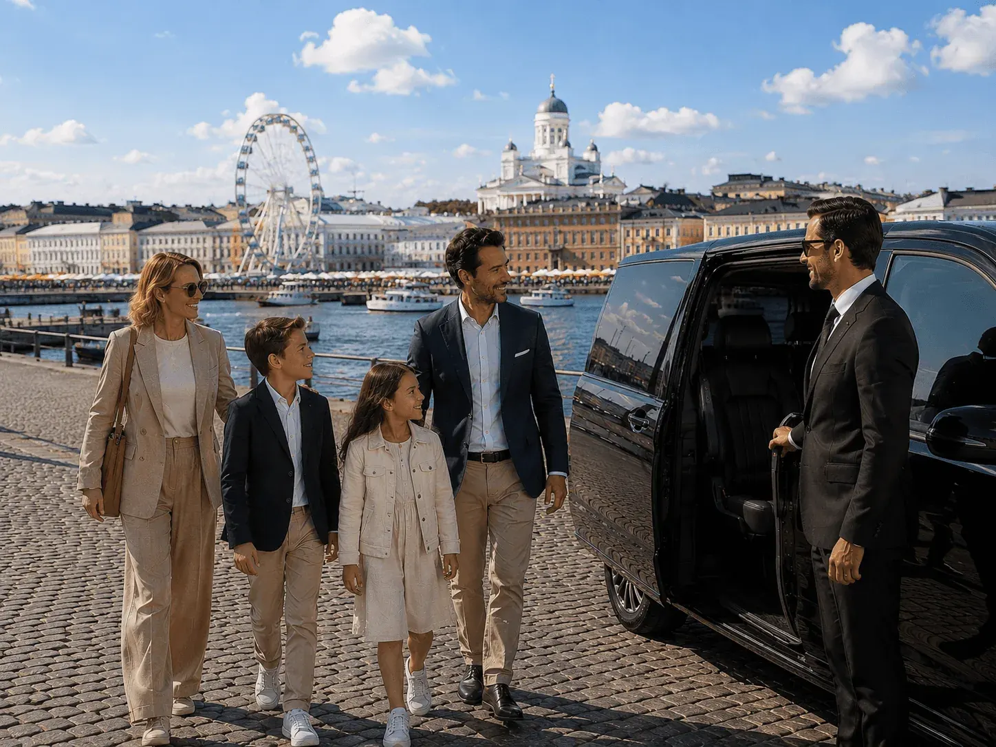 Private driver and family beside a black Mercedes van at the Helsinki harbour with the cathedral behind