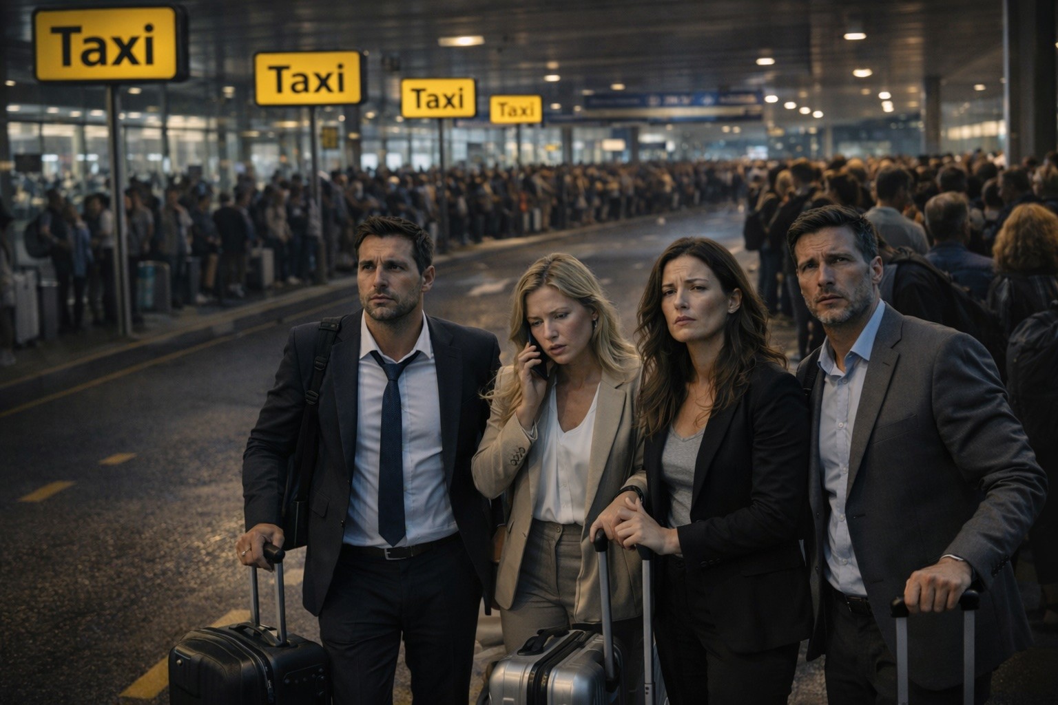 Crowded taxi queue outside an airport terminal
