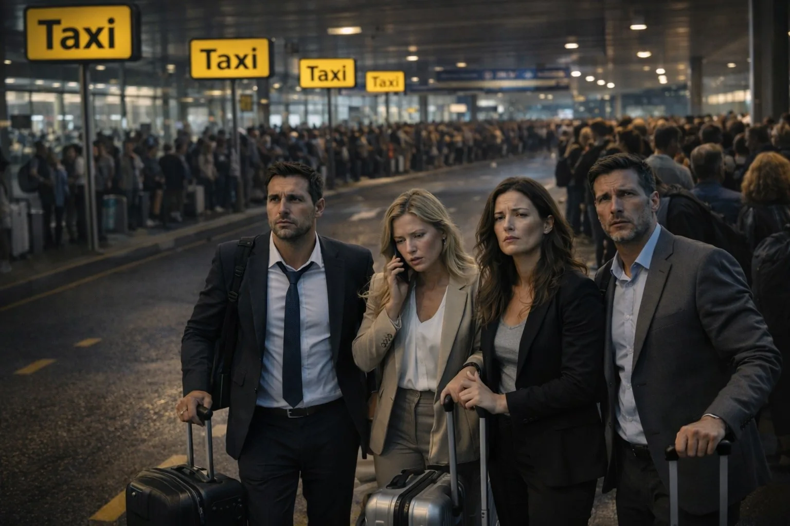 Crowded taxi queue outside an airport terminal