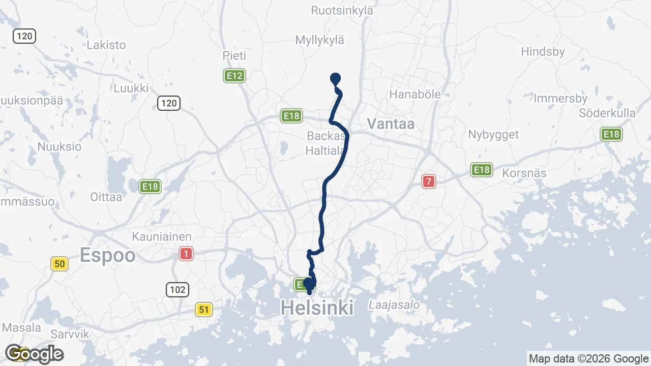 Route map: Helsinki Airport ⇄ Crowne Plaza Helsinki