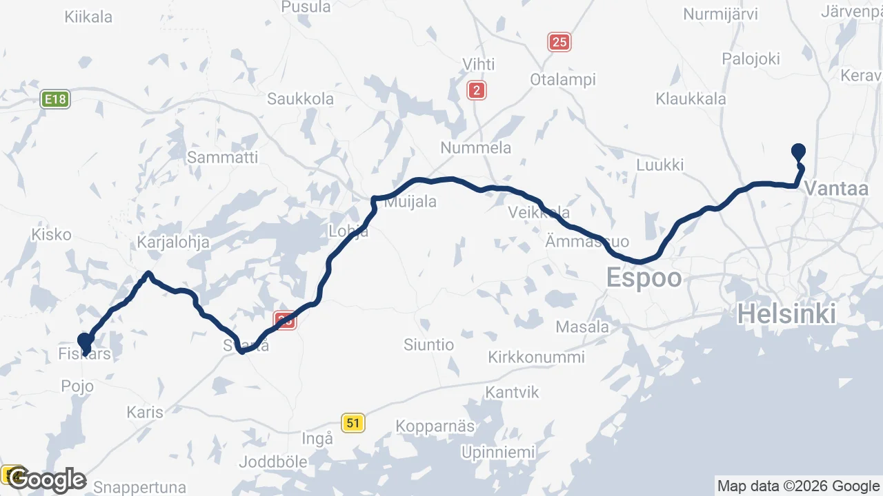 Route map: Helsinki Airport ⇄ Fiskars Village