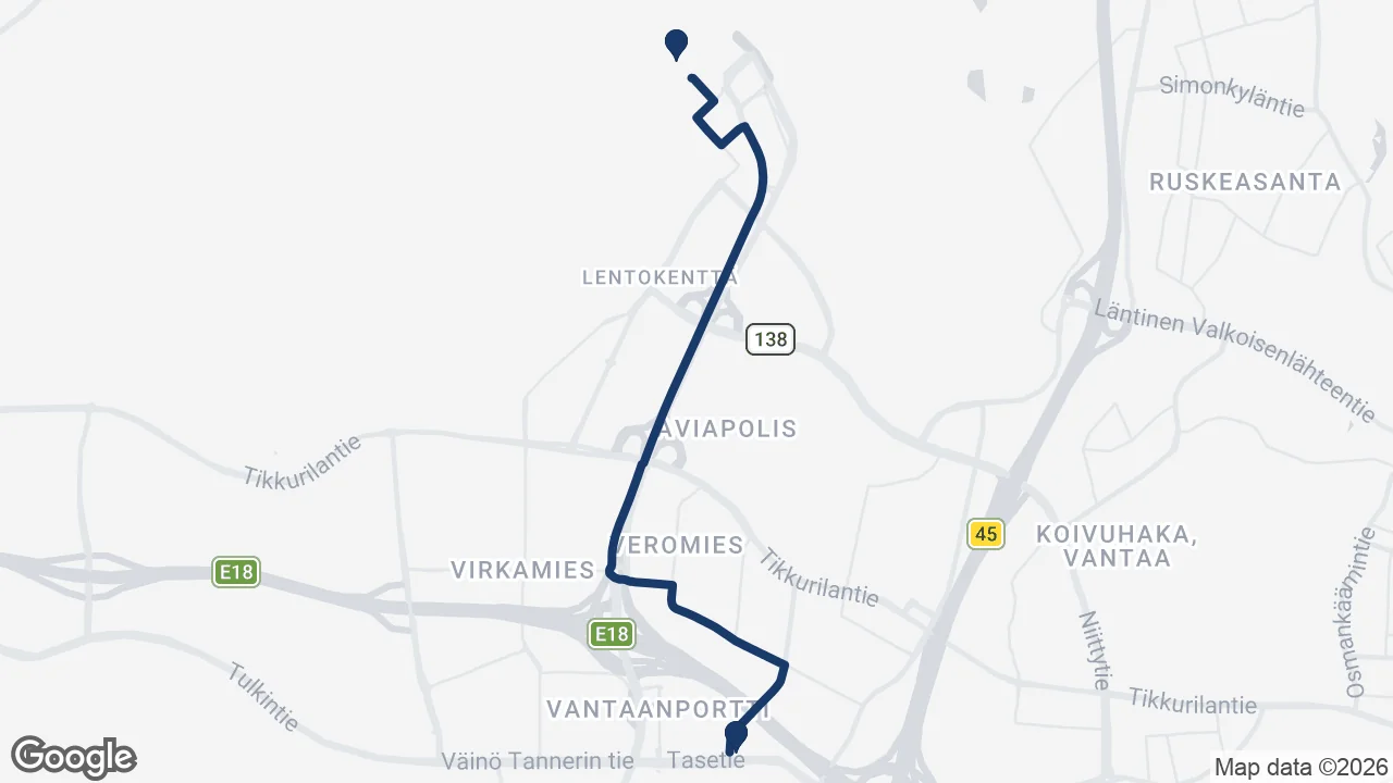 Route map: Helsinki Airport ⇄ Flamingo Spa