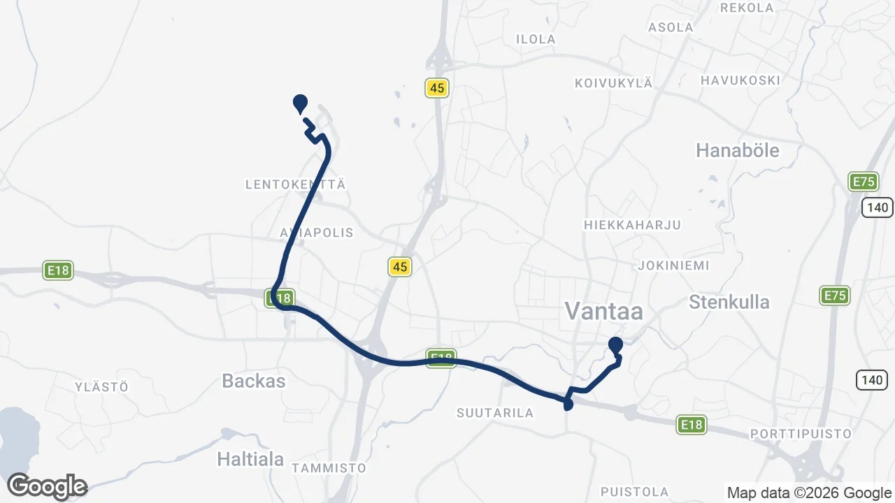 Route map: Helsinki Airport ⇄ Heureka Science Centre