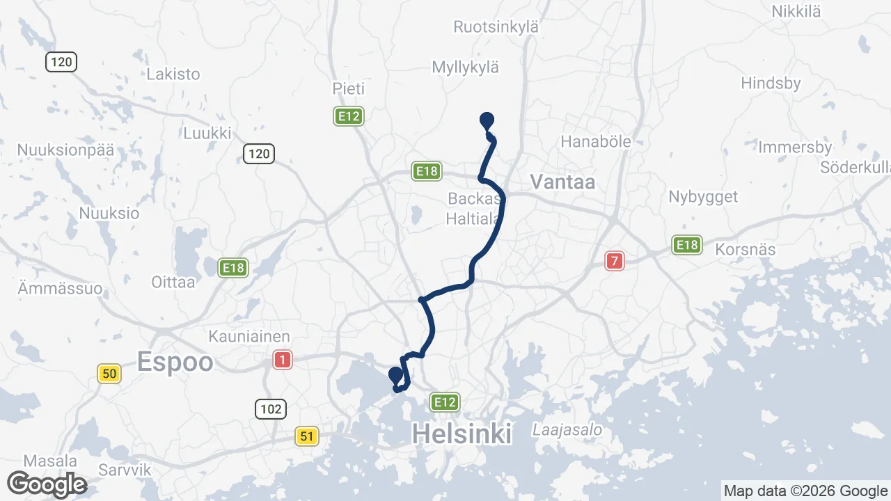 Route map: Helsinki Airport ⇄ Hilton Kalastajatorppa