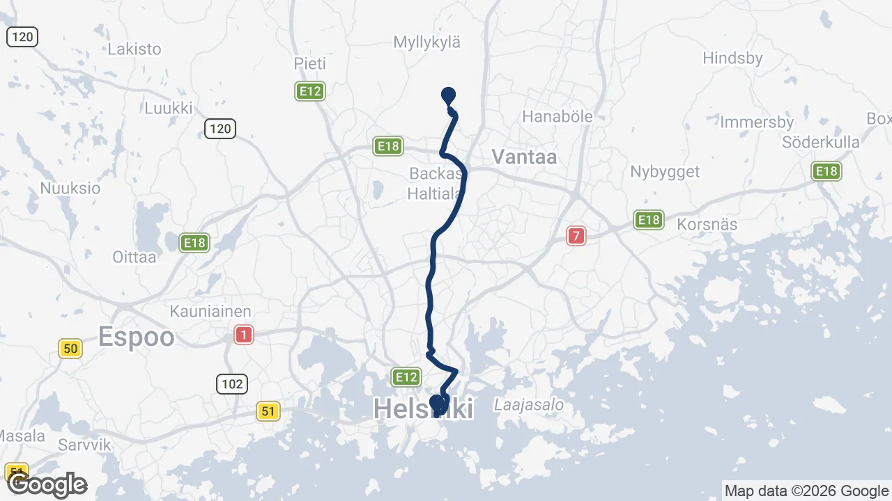 Route map: Helsinki Airport ⇄ Hotel Haven