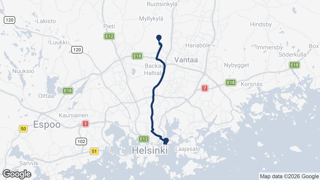 Route map: Helsinki Airport ⇄ Korkeasaari Zoo
