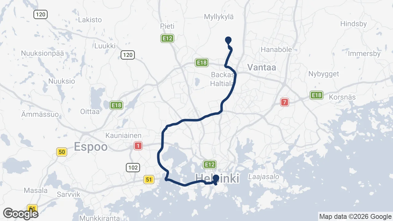 Route map: Helsinki Airport ⇄ Lapland Hotels Bulevardi