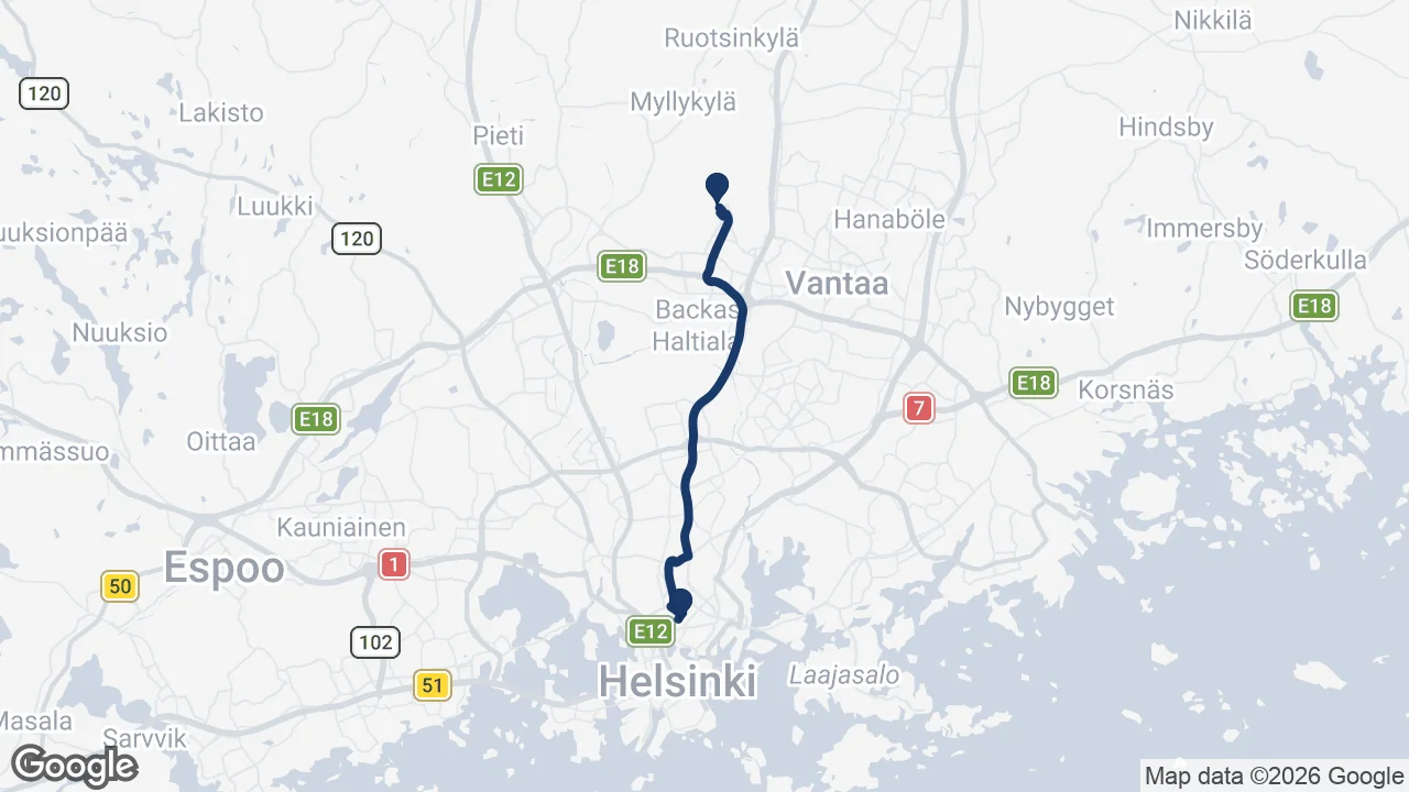Route map: Helsinki Airport ⇄ Linnanmäki Amusement Park