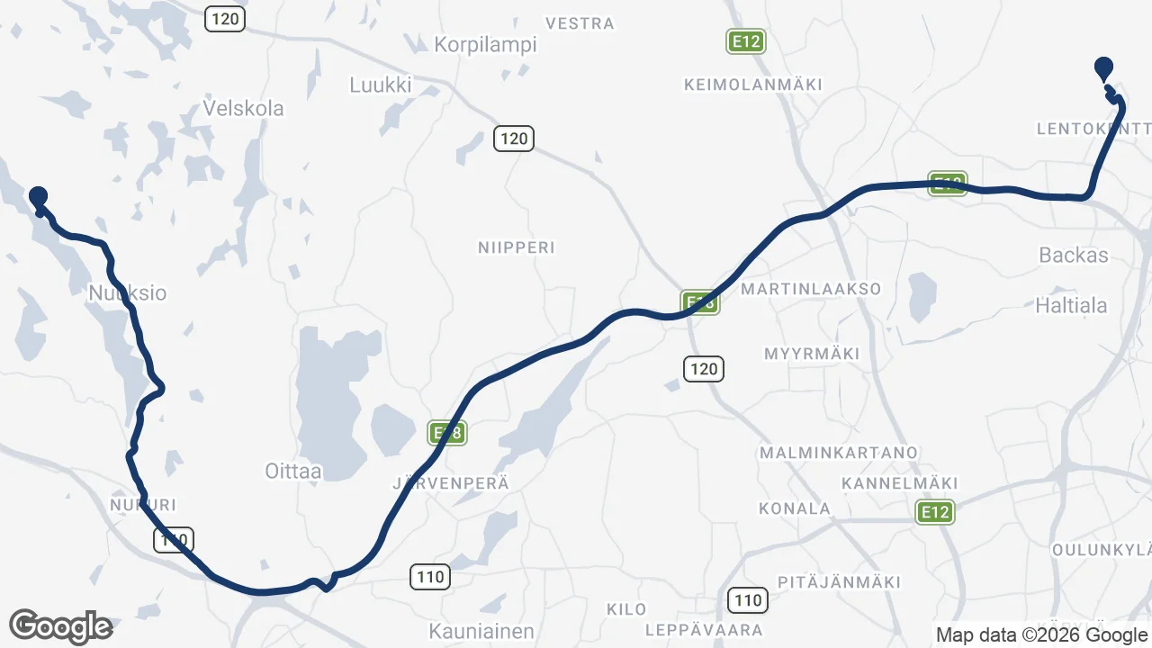 Route map: Helsinki Airport ⇄ Nuuksio National Park