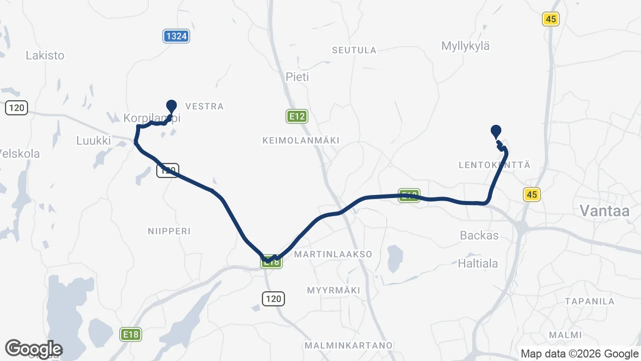 Route map: Helsinki Airport ⇄ Serena Water Park