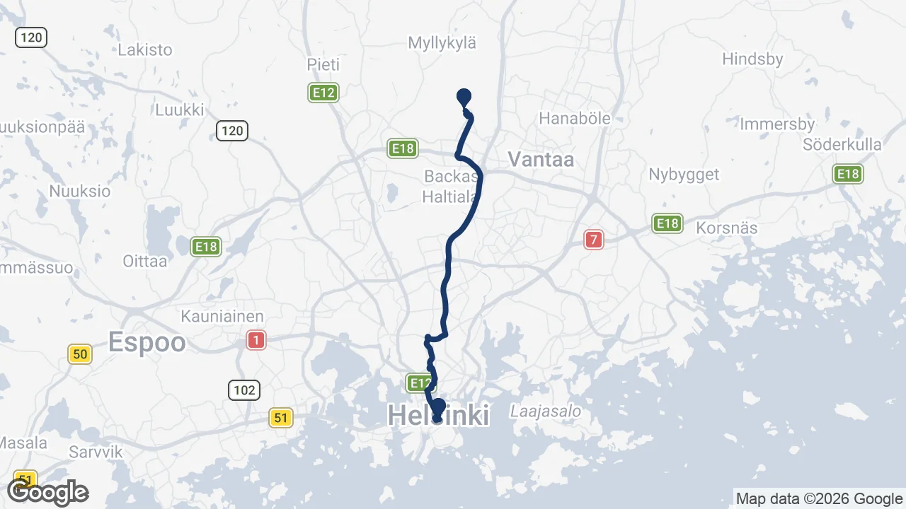 Route map: Helsinki Airport ⇄ Sokos Hotel Torni