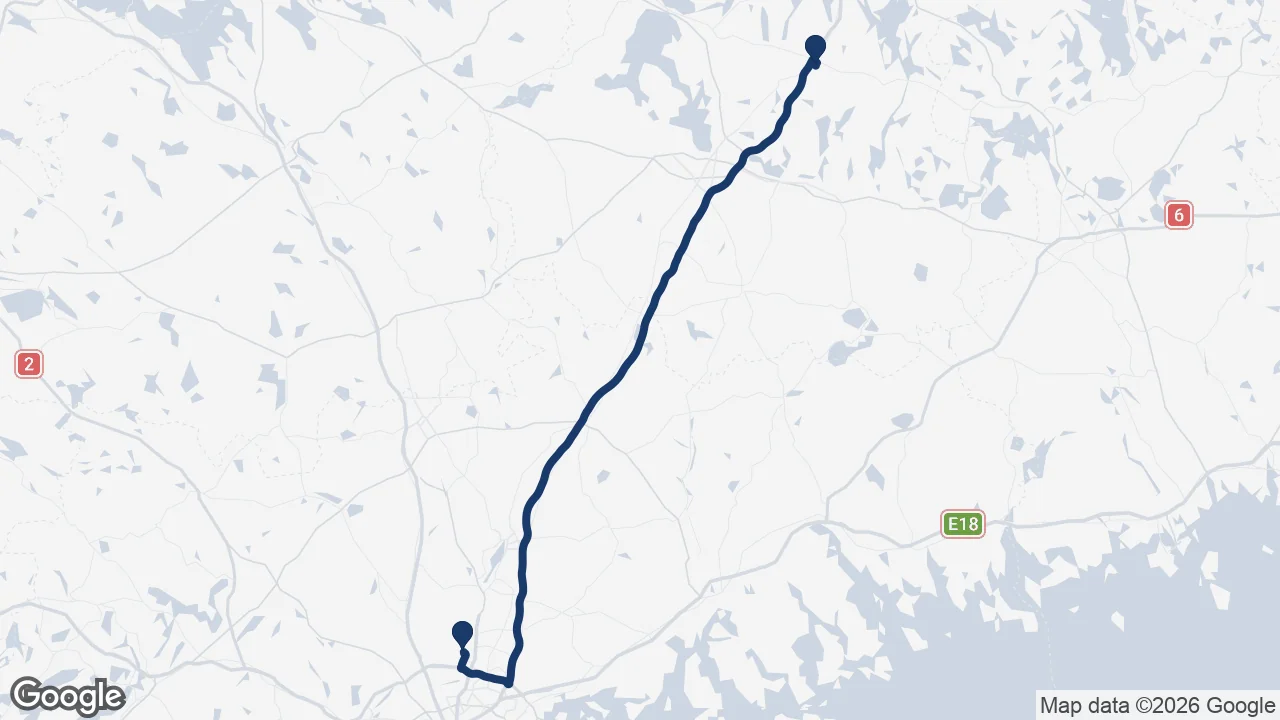 Route map: Helsinki Airport ⇄ Vierumäki