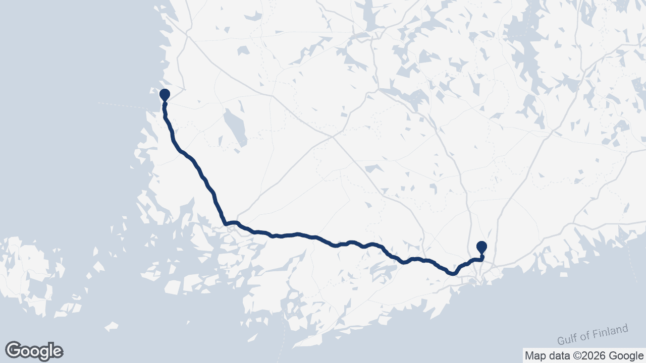 Route map: Helsinki Airport to Rauma