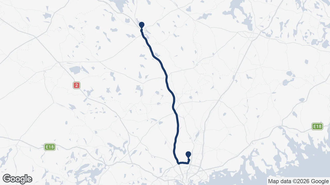 Route map: Helsinki Airport ⇄ Hämeenlinna