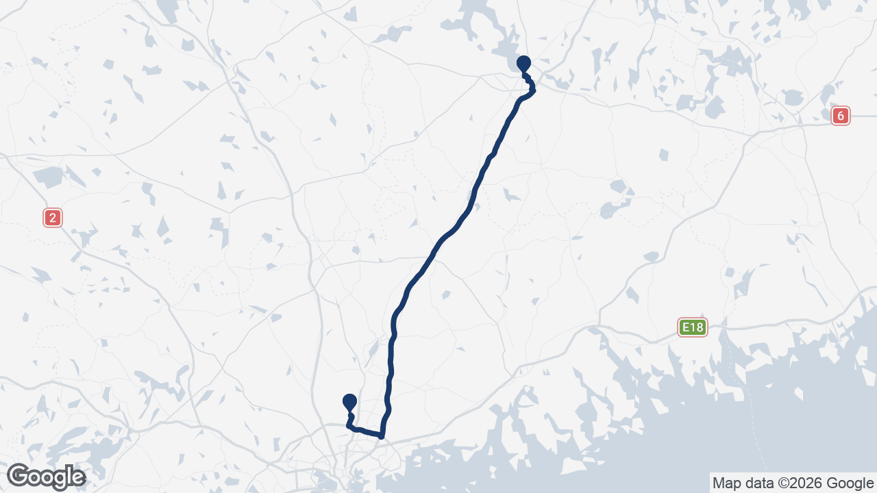 Route map: Helsinki Airport to Lahti