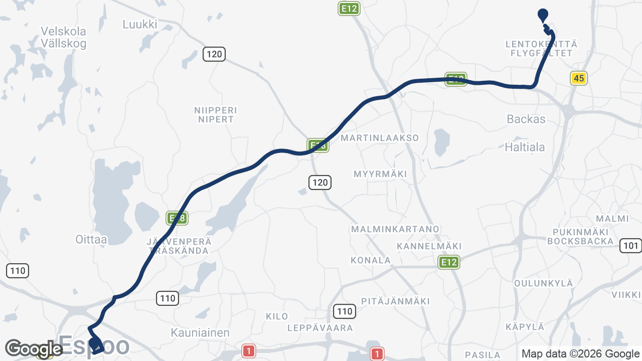Route map: Helsinki Airport to Espoo