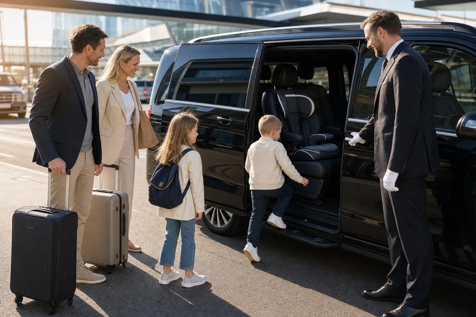 Family with two children and a visible child car seat being welcomed by their chauffeur into a black Mercedes minivan at Helsinki Airport