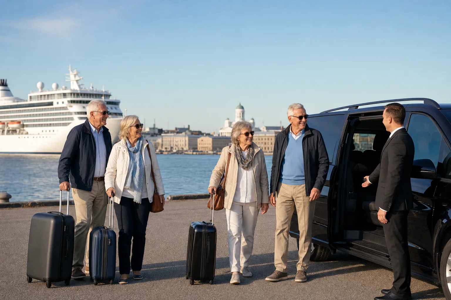 Two senior couples with luggage meeting their driver and black Mercedes van at Helsinki cruise harbour, cruise ship and cathedral behind