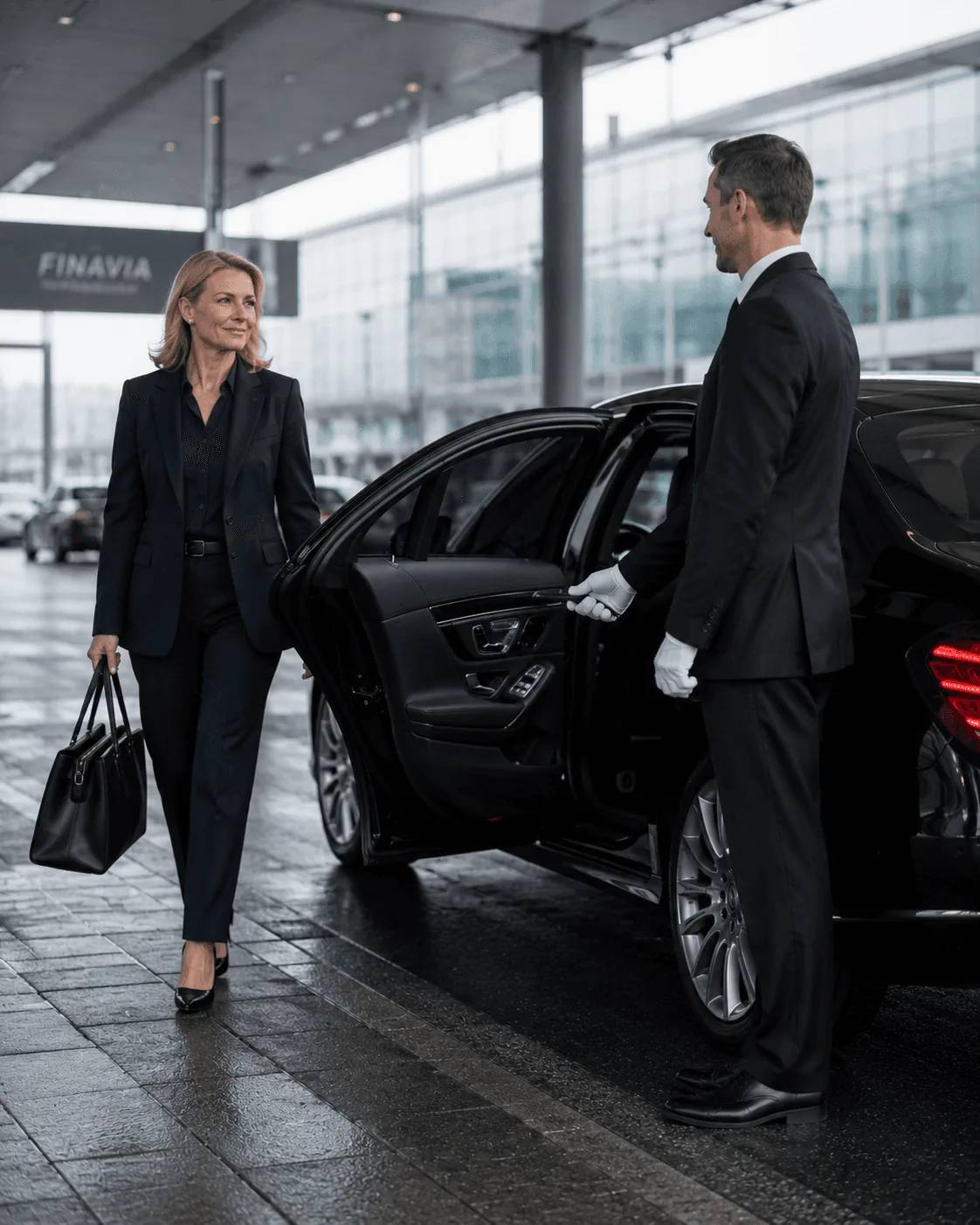 Driver holding the door open for arriving travellers at the airport