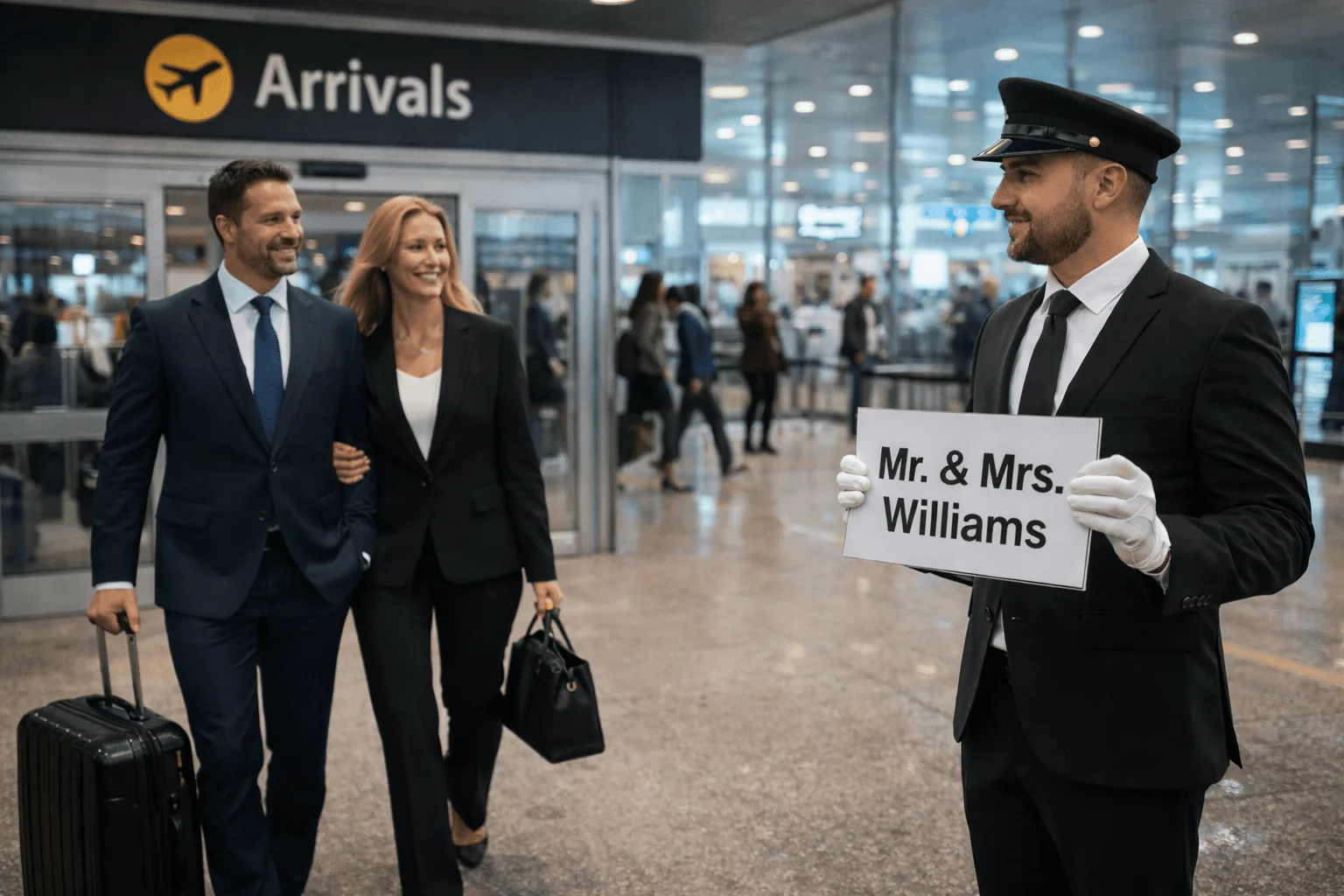 Driver greeting passengers with a name sign at Helsinki Airport arrivals