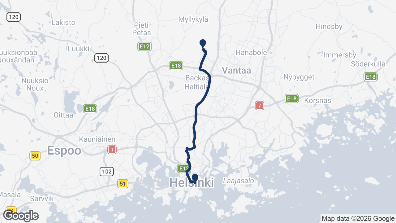 Route map: Helsinki Airport to Hobo Hotel Helsinki