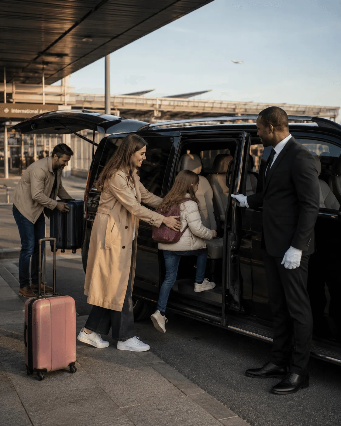 Driver greeting arriving passengers with a name board at Helsinki Airport