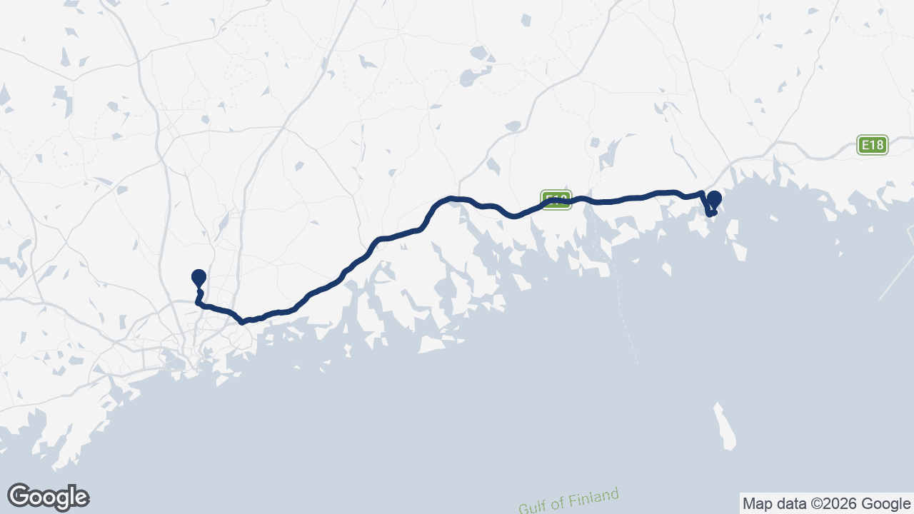 Route map: Helsinki Airport to Kotka