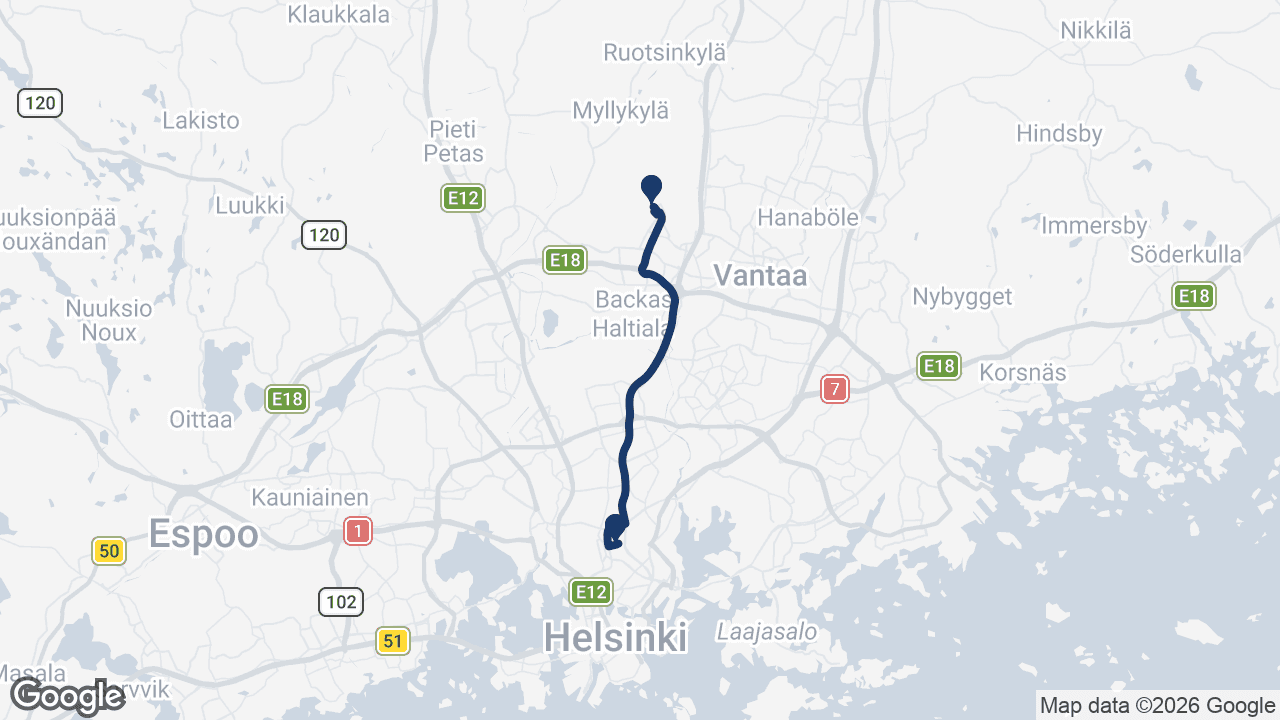 Route map: Helsinki Airport to Messukeskus