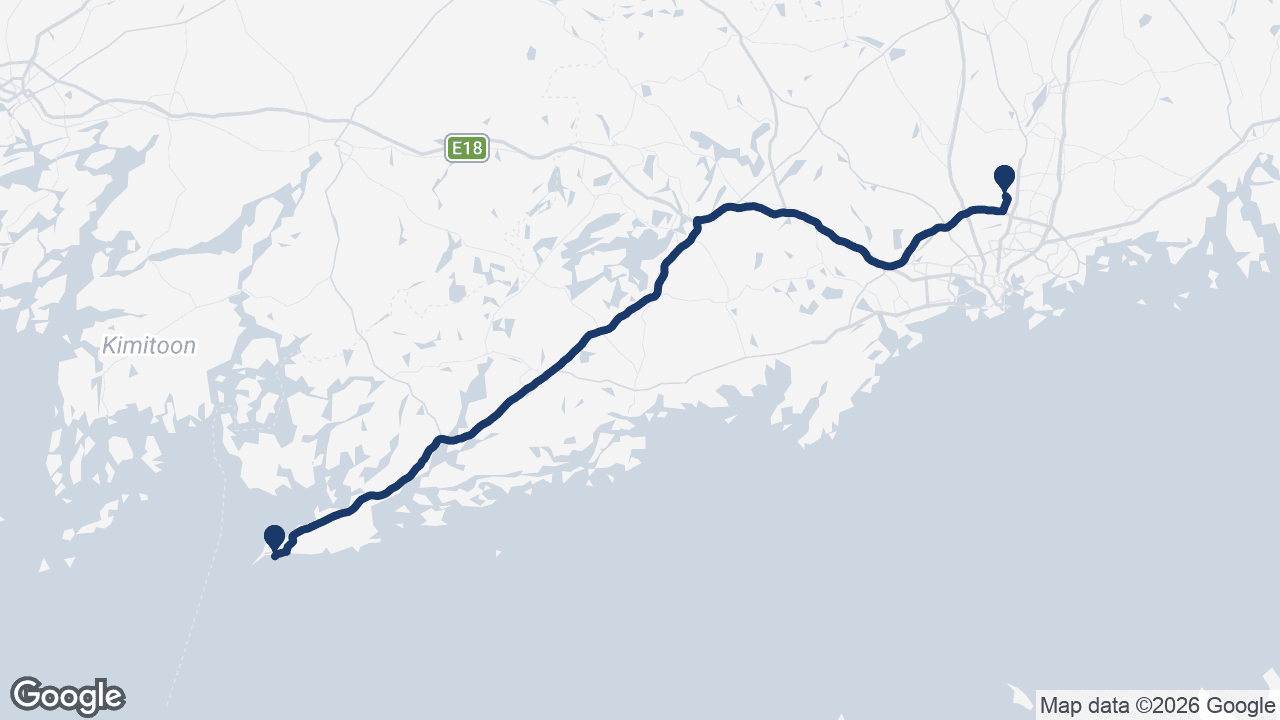 Route map: Helsinki Airport to Hanko