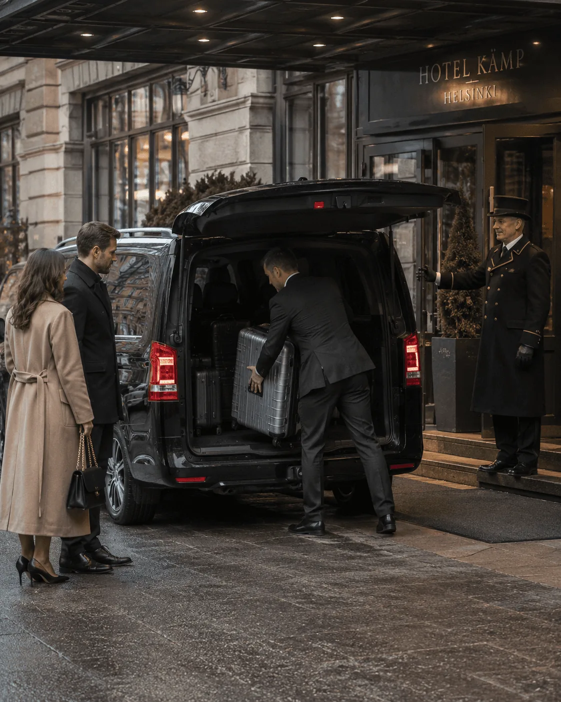 Driver loading luggage into a premium Mercedes minivan